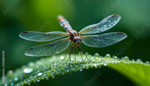 Wallpaper Mural Dragonfly with Dew Drops on Leaf in Macro Detail Torontodigital.ca