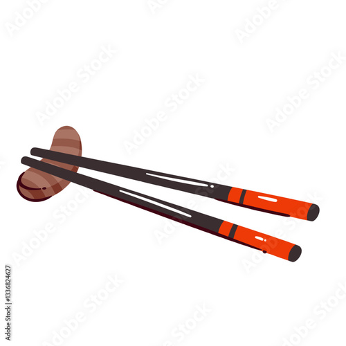 Two wooden chopsticks on chopstick rest. Funny Japanese black and red Hashi and Hasioki for sushi and gyoza eating. Asian tableware, food mascot, tool cartoon vector illustration