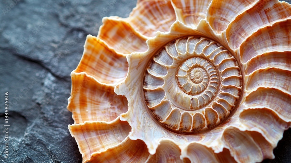 Close-up of a spiral seashell on slate