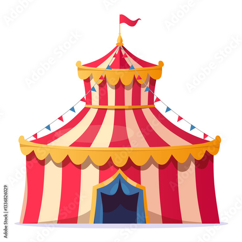Colorful circus tent with vibrant red and yellow stripes, decorated with bunting and a flag for carnival-themed designs. Vector illustration amusement park or circus icon isolated on white background