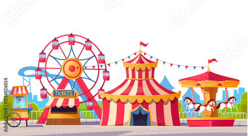 Colorful cartoon amusement park vector illustration with a ferris wheel, circus tent, carousel, and food stand on a sunny day. Colorful funfair with a ticket kiosk in a lively summer city landscape