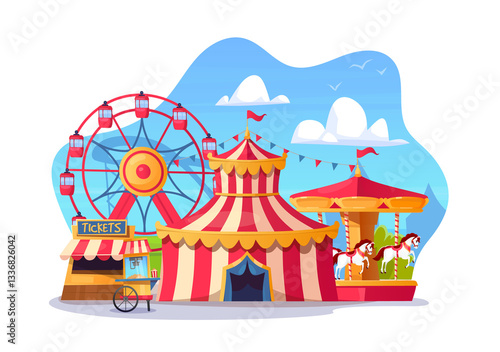 Colorful circus amusement park with big top tent, Ferris wheel, carousel and ticket booth. Cartoon vector illustration of carnival festival attractions, family entertainment and funfair scene.