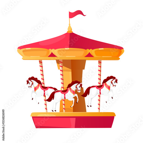 Colorful carousel vector illustration with white cheerful horses in motion, perfect for children's parties and festive events. Flat style amusement park attraction icon isolated on white background
