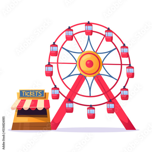 Colorful cartoon vector illustration of a ferris wheel with a ticket booth at a fairground, embodying fun and joy. Flat style amusement park attraction icon isolated on white background