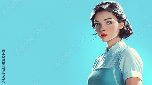 Smiling housemaid woman with cleaning supplies, representing home cleaning, domestic work, and sanitation services, ideal for housekeeping advertisements, comic book style
