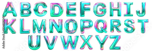 3D iridescent neon metallic uppercase alphabet letters A-Z in shiny teal and pink color isolated PNG with cut-out or clipping path on a white background A, B, C, D, E, F, G, H, I, J, K, L, M, N, O, P.