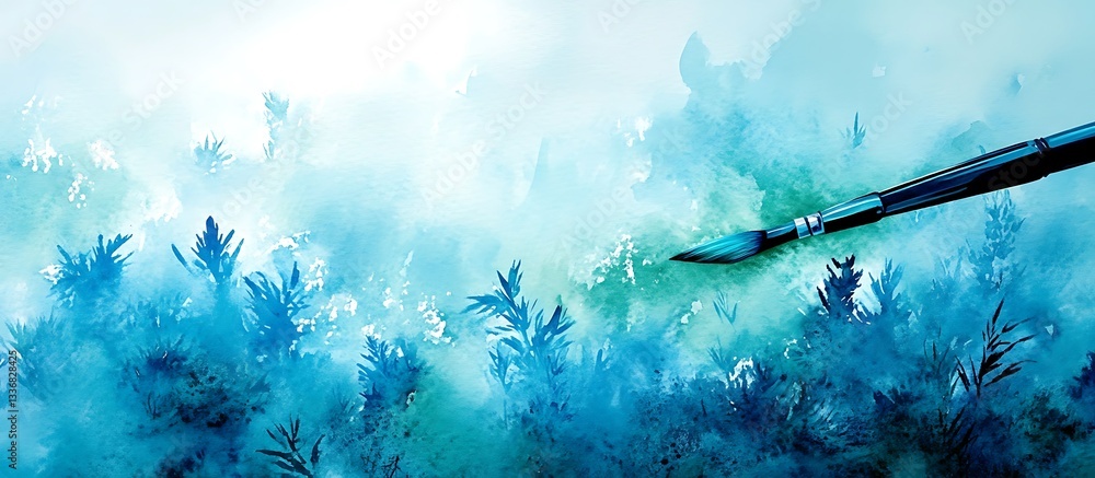 Brushstrokes paint teal, abstract landscape