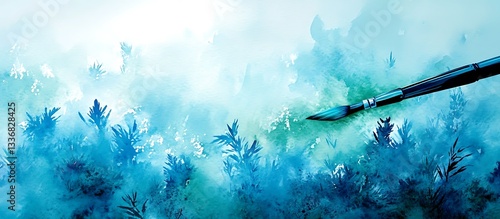 Brushstrokes paint teal, abstract landscape