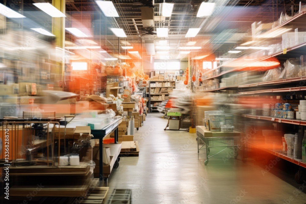 Shoppers moving quickly through a large hardware store, creating motion blur