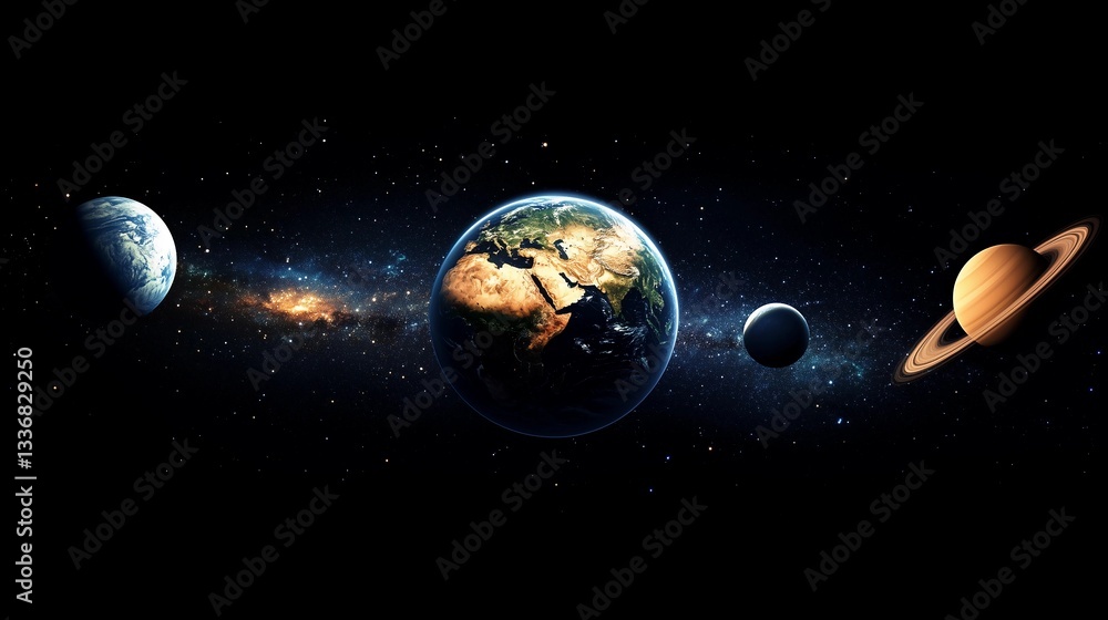 Naklejka premium A black and white photo of the planets Earth, Saturn, and Jupiter. The planets are shown in their natural positions, with Earth in the foreground