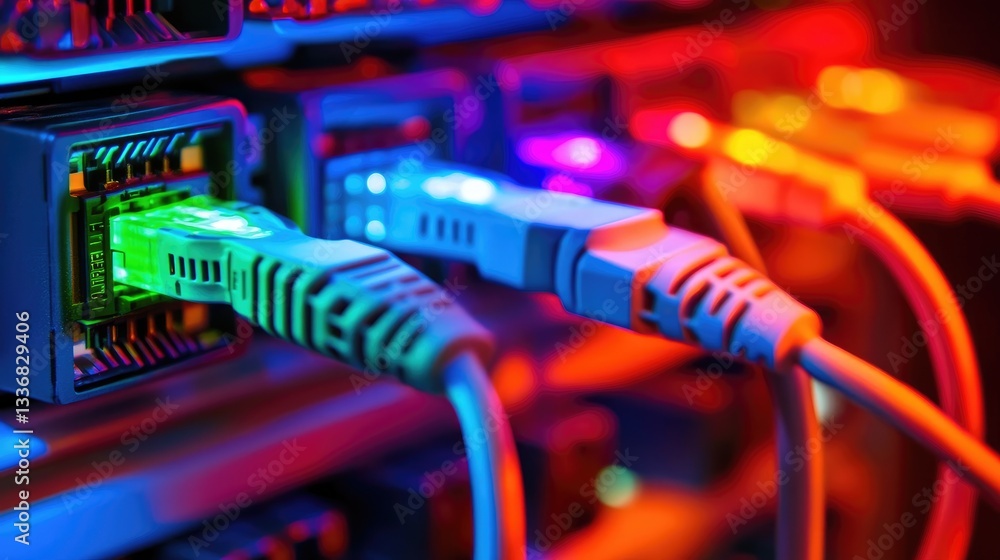 Futuristic data center with glowing fiber optic cables and network switches. Futuristic data center with glowing fiber optic cables and network switches.