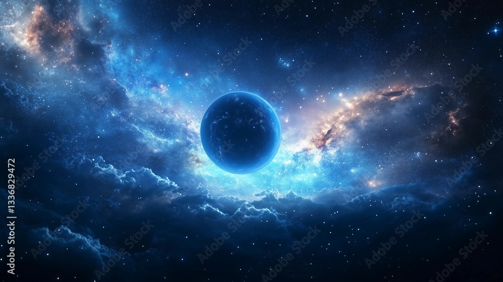 Obraz premium A blue and white space with a large planet in the middle. The planet is surrounded by a cloud of stars and the sky is filled with stars