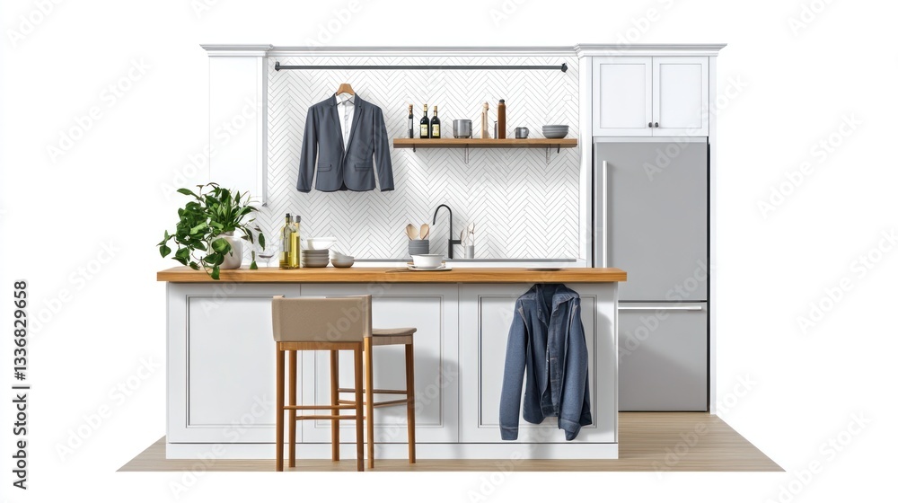 Fototapeta premium Modern Kitchen Design: White Cabinets, Wooden Countertop, and Stylish Accents