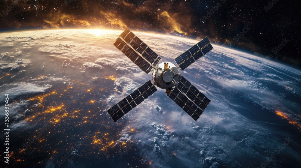 Global satellite network orbiting Earth, symbolizing worldwide communication. Global satellite network orbiting Earth, symbolizing worldwide communication.