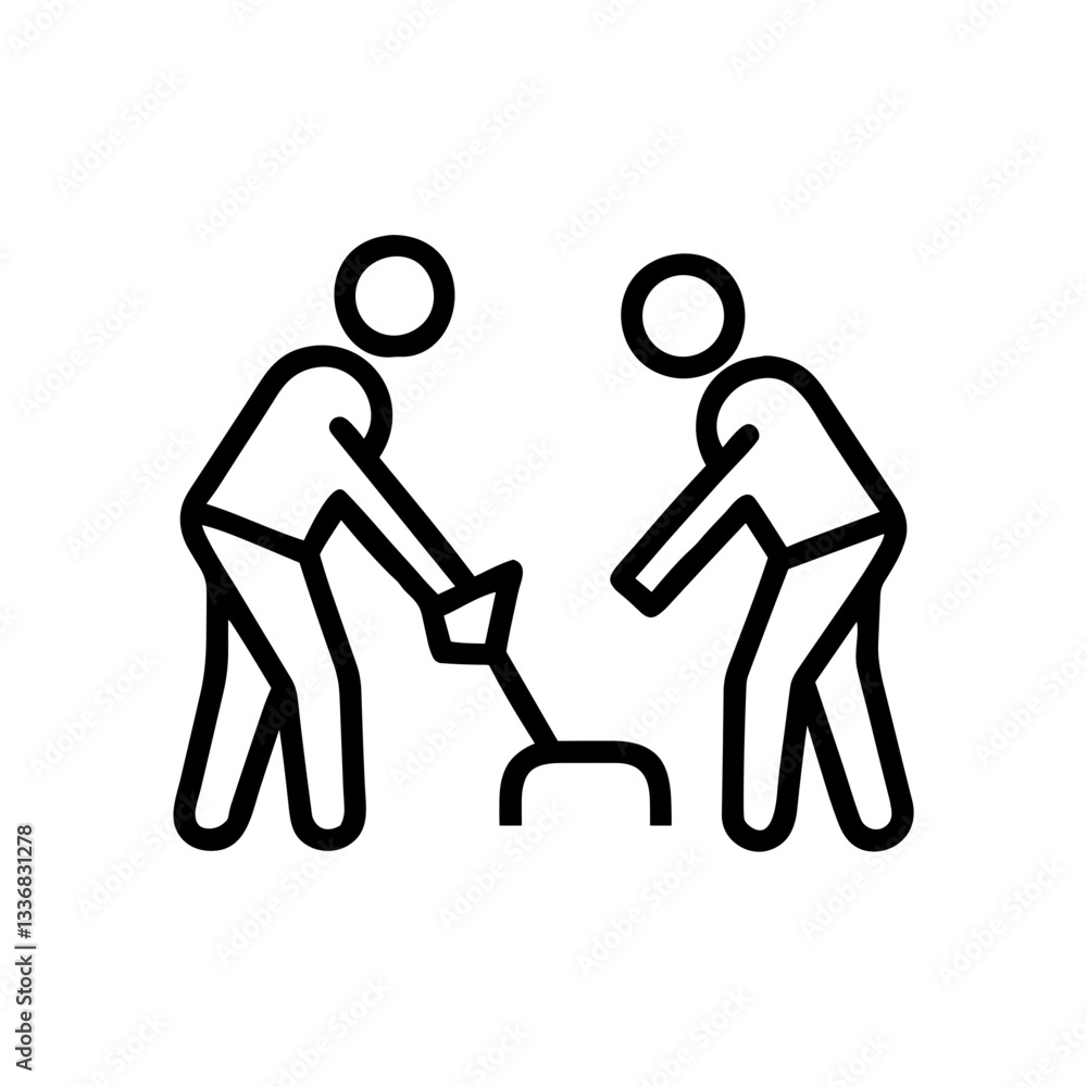 Two workers digging together in a minimalistic style Two workers digging together in a minimalistic style