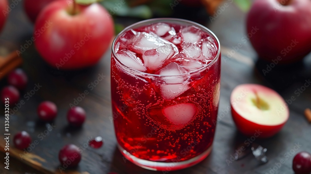 A glass of red drink with ice cubes in it is on a wooden table. There are several apples on the table, some of which are cut up and others whole A glass of red drink with ice cubes in it is on a wooden table. There are several apples on the table, some of which are cut up and others whole