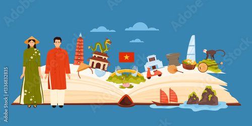 Vietnamese culture elements, food and famous landmarks of Vietnam in infographic collage with open giant paper book, people in traditional dress, Golden Bridge, palace cartoon vector illustration