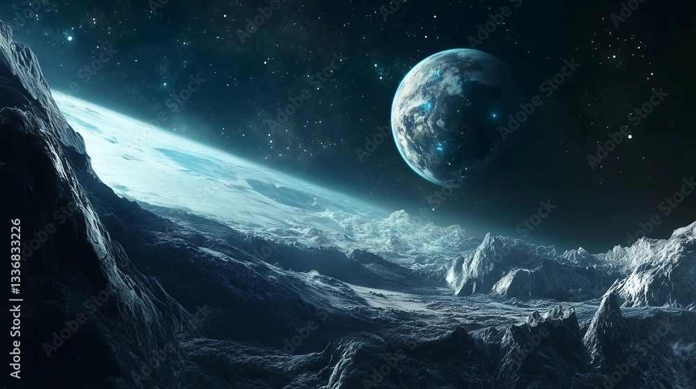 Fototapeta premium A planet with a blue sky and a white moon. The planet is surrounded by mountains and rocks