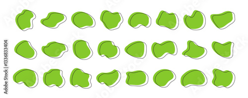 Organic shape icon, irregular blob, abstract random splodge, green liquid spot, graphic simple form, stain set isolated on white background. Asymmetric vector illustration