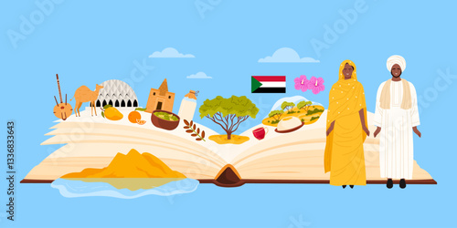 Travel to Sudan, infographic sightseeing landmarks and tourist attractions in open book. Sudanese vacation collage with people in traditional dress, Nubian Desert, food cartoon vector illustration