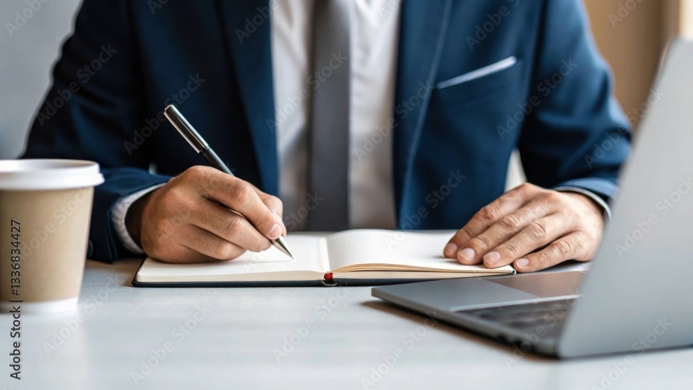 Business professional writing notes in a notebook with a laptop and coffee cup on the table. Business professional writing notes in a notebook with a laptop and coffee cup on the table.