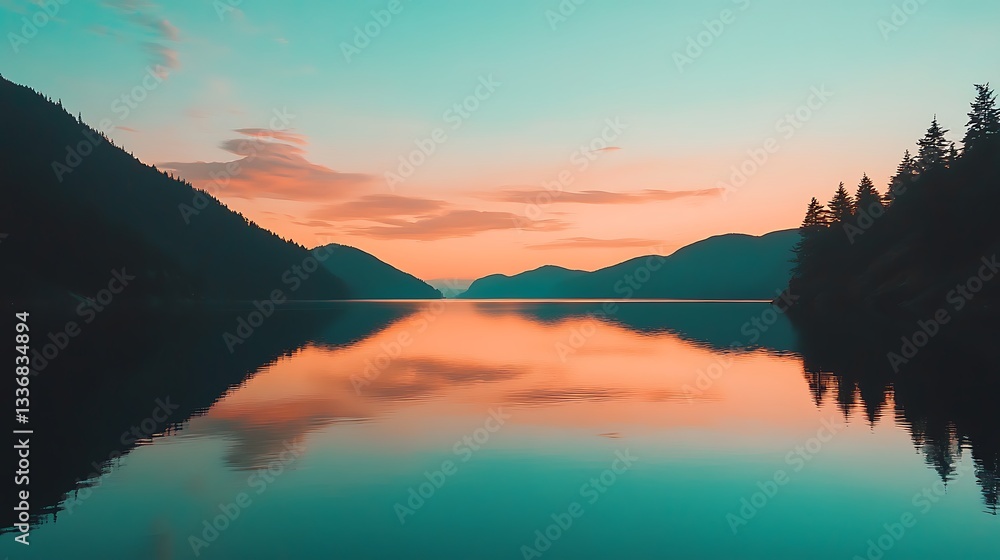 Fototapeta premium Serene twilight lake glows with the last light of day, embraced by the shadowy outline of mountains.