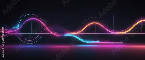 Neon Waves of Energy:  Dynamic neon lines dance across a dark backdrop, visualizing sound waves or data streams in a vibrant display of modern technology.