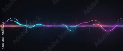 Vibrant Sound Waves: A captivating visual representation of sound waves, depicted through dynamic, colorful lines that pulse and dance against a dark backdrop.