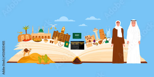 Vector illustration of an open book highlighting Saudi Arabia culture with iconic landmarks, food traditions, and symbols such as the Kaaba, palm trees, folk attire. Cultural historical themes concept