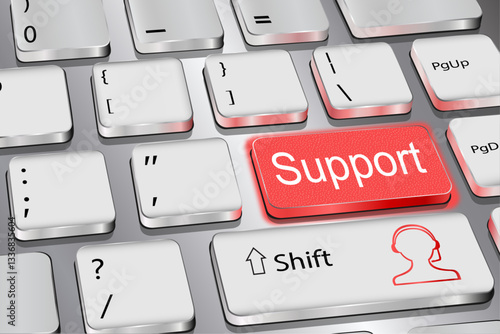 Support: the inscription on the keyboard button. Red color. Vector graphics.