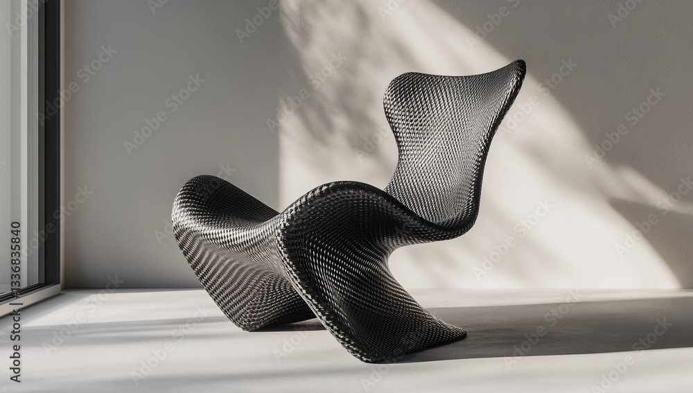 Modern, sleek, dark gray, sculpted chair, minimalist design, sophisticated seating. Sunlight casts shadows on the chair, highlighting its organic form Modern, sleek, dark gray, sculpted chair, minimalist design, sophisticated seating. Sunlight casts shadows on the chair, highlighting its organic form