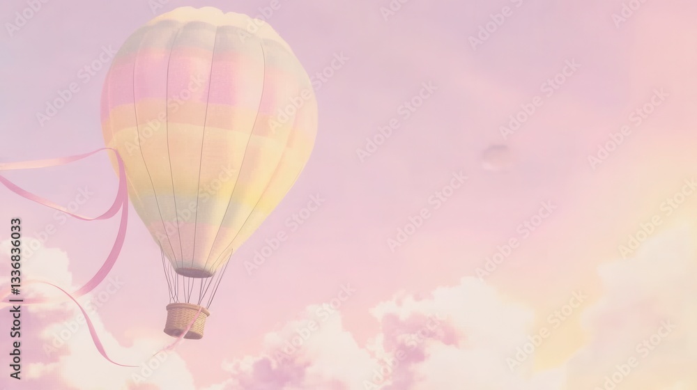 Obraz premium Pastel Hot Air Balloon Soaring Above Dreamy Clouds - A Serene Travel Experience