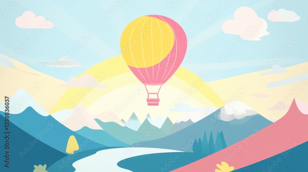 A Colorful Mountain Landscape with a Hot Air Balloon A Colorful Mountain Landscape with a Hot Air Balloon