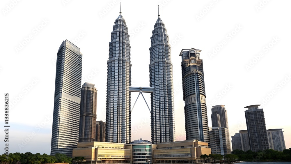 Naklejka premium Stunning View of Petronas Towers and Kuala Lumpur Skyline at Sunset - Iconic Architectural Marvels in Malaysia