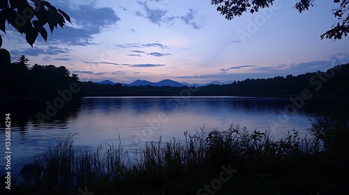 A peaceful lakeshore at twilight, with the last light of day reflecting on the water and the silhouette of distant mountains