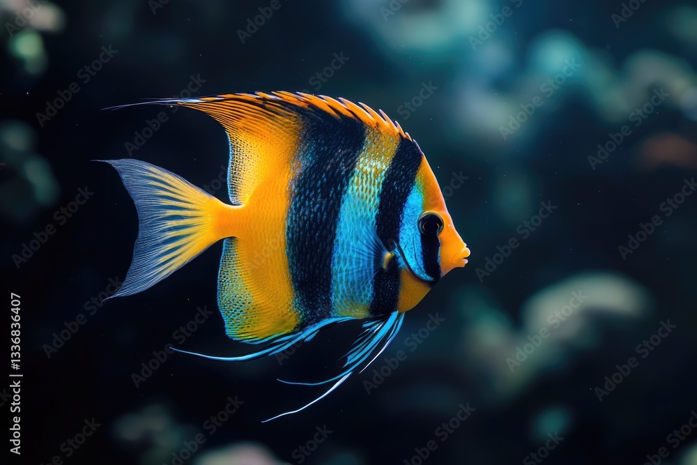 Naklejka premium Elegant Angel Fish: Isolated Aquatic Beauty on Dark Canvas