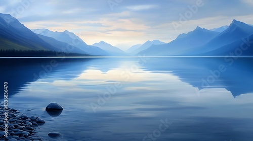 A peaceful lakeshore at twilight, with the last light of day reflecting on the water and the silhouette of distant mountains