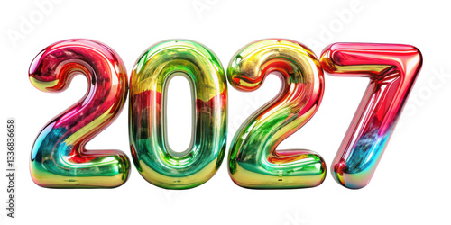 Number 2027 in 3d iridescent neon shiny green yellow metallic font, New year 2027 . isolated on white background . PNG, cutout, or clipping path.