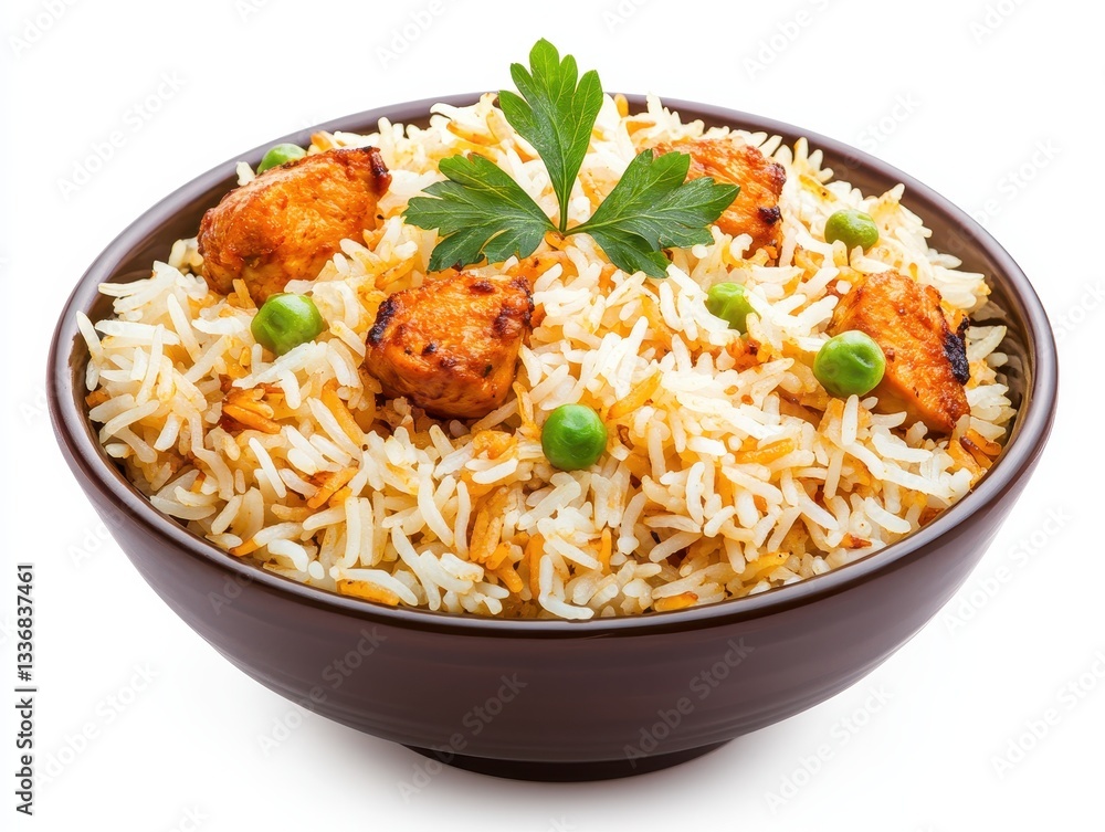 A delicious bowl of biryani rice with chicken and green peas garnished with parsley A delicious bowl of biryani rice with chicken and green peas garnished with parsley