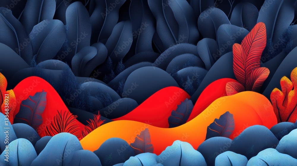 Fototapeta premium Abstract Blue Red Orange Leaf Pattern Background