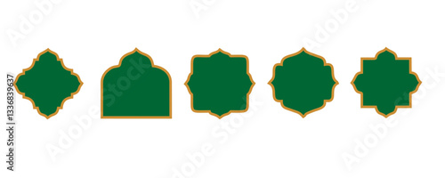 Ramadan window frame shapes. Islamic golden ribbons for text. Muslim mosque panel elements with ornament. Turkish tags set. Vector illustration