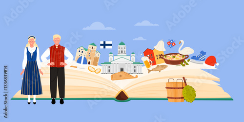 Finnish culture elements, architecture landmarks of Finland study in infographic collage. Open guide book and people in traditional dress, Theater and Helsinki Cathedral cartoon vector illustration