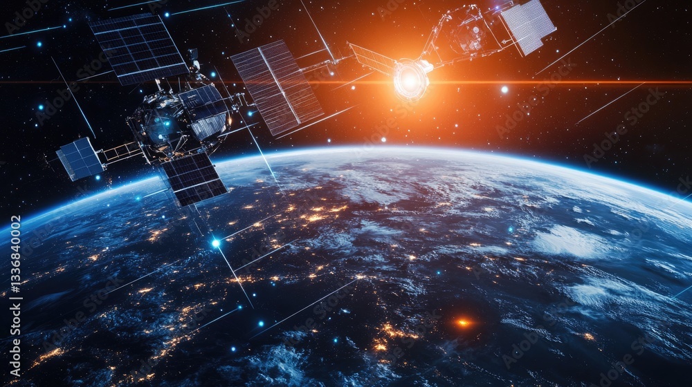 Satellite communication networks transmitting data across the globe. Satellite communication networks transmitting data across the globe.