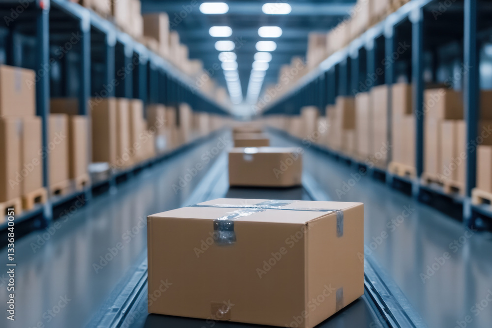 custom made wallpaper toronto digitalcardboard box on conveyor belt in warehouse, showcasing export industry and logistics