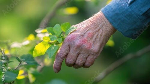 Close-up of a Hand Showing Redness and Swelling from Poison Ivy Exposure with Blisters against a Soft Focus Natural Background