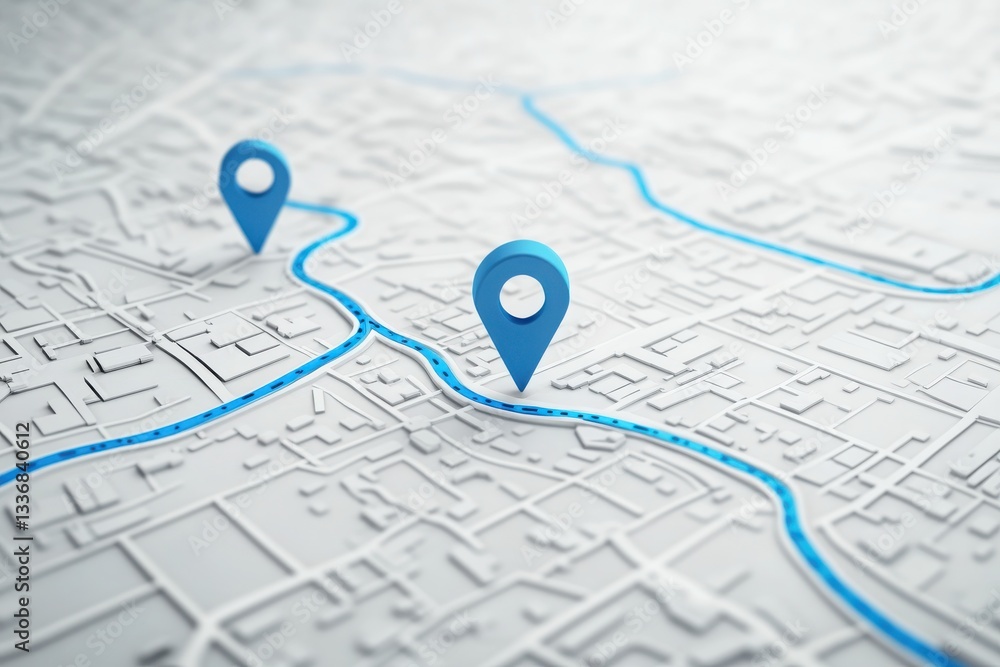 Fototapeta premium Stylized white map with blue route and pins for navigation