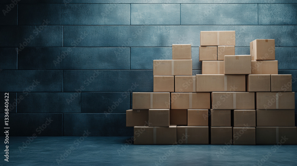 Sturdy cardboard boxes stacked against textured wall, representing export, industry Sturdy cardboard boxes stacked against textured wall, representing export, industry