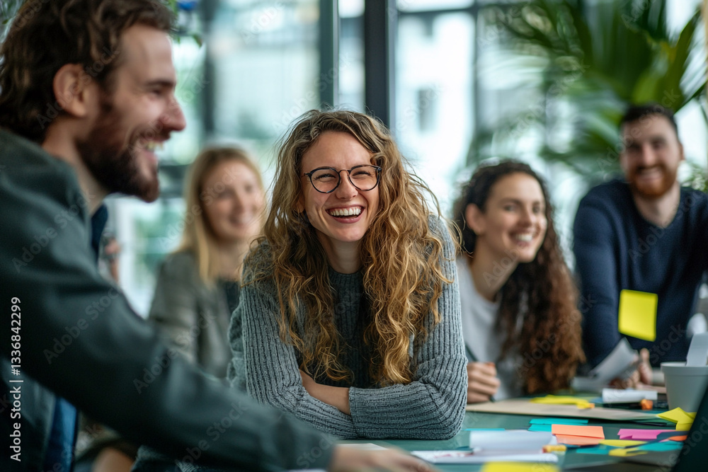 Obraz premium Happy colleagues collaborating on a creative project together in a modern office men job work women