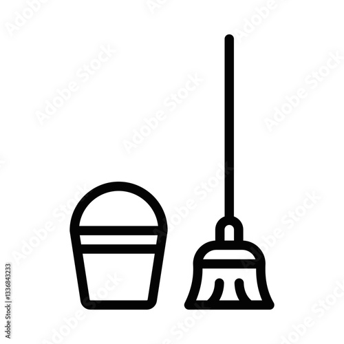 Bucket and broom for cleaning and hygiene. Vector icon. Editable stroke.