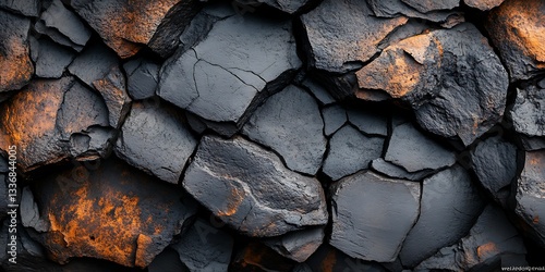 Dark, craggy rock formations, close-up texture